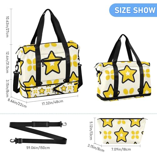 Yellow Stars Dot Yellow Duffel Bag Overnight Weekender Bags with Adjustable Strap for Sports 2 Pcs Set3