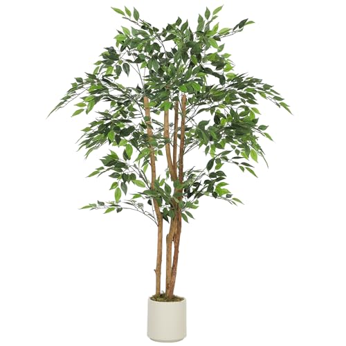 HOMCOM Ficus Artificial 150 cm, con Tronco Natural, Planta Artificial Realista para Interior con Maceta, Decoración para Hogar, Salón, Oficina, 65x65x150 cm, Verde