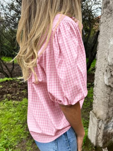 Image of Tankaneo Women's Button Down Shirts Short Puff Sleeve Collared Dressy Casual Blouse Tops