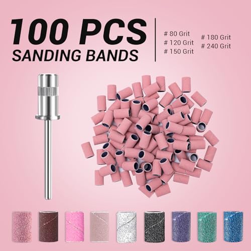 Image of MelodySusie 100 Pcs Nail Drill Bits Sanding Bands for Nail Drill 150 Medium Grit Nail File Sanding Bands for Acrylic Nails Gel Manicures and Pedicure