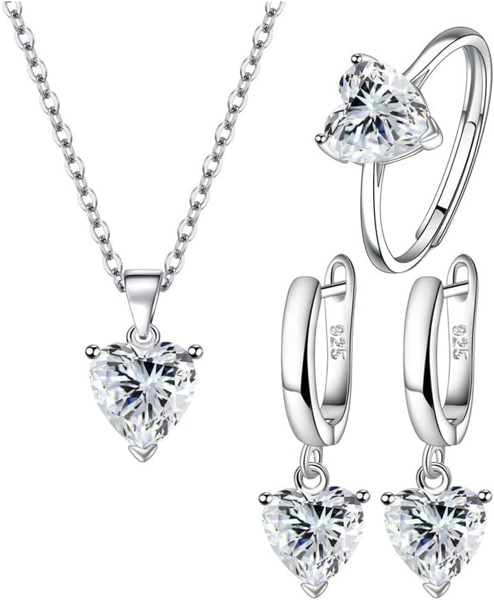 Set Gioielli 3 Pezzi Collana-Orecchini-Anello | Argento Con Strass A Cuore - Regalo Donna - Foto 2