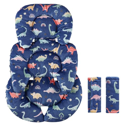 Image of Infant Car Seat Insert Cushion, Super Soft Baby Car Seat Head Support & 2 Straps Pads, Reversible Preemie Newborn Carseat Insert, Fit Car Seat, Stroller, Infant Bouncer, Blue Dinosaur