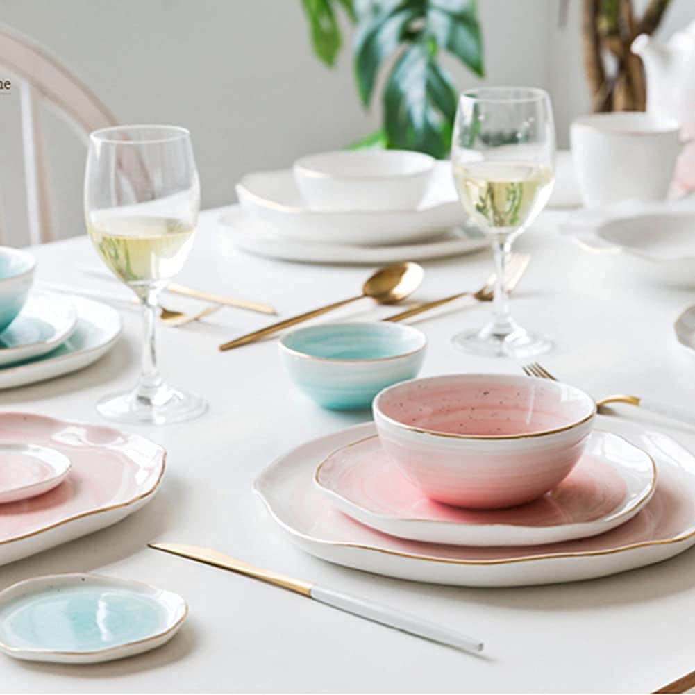 Juego de vajilla para el hogar o restaurante especial, juegos de vajilla de 8 piezas, juego de vajilla de porcelana irregular con platos y tazones, juego de vajilla de cerámica rosa, azul y