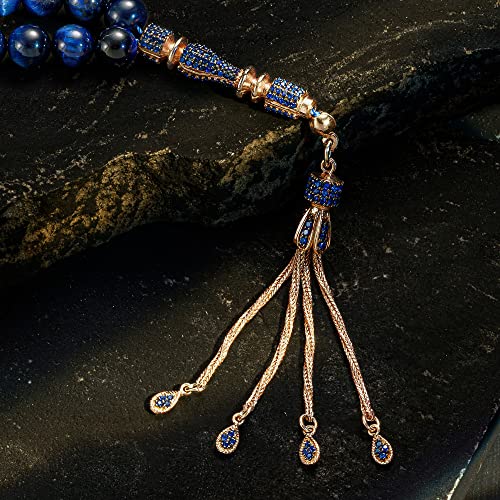 Solid 925 Sterling Silver Tassel Blue Tiger's Eye Stones Islamic 33 Prayer Beads Tasbeeh Misbaha3