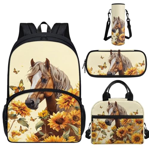Horse Backapck and Lunchbox Set Kids Backpack for School Girls 4th Grade Sunflower Preschool Elementary Middle School Bag Student Bookbag Cute School Supplies Set for Kids Teens 4 Pieces
