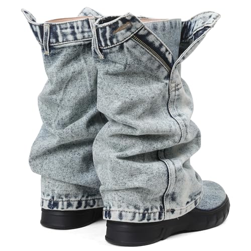 Kalstage Womens Denim Mid Calf Boots Fold Over Slouchy Platform Wedge Booties Vintage Y2k Shark Jean Boots2