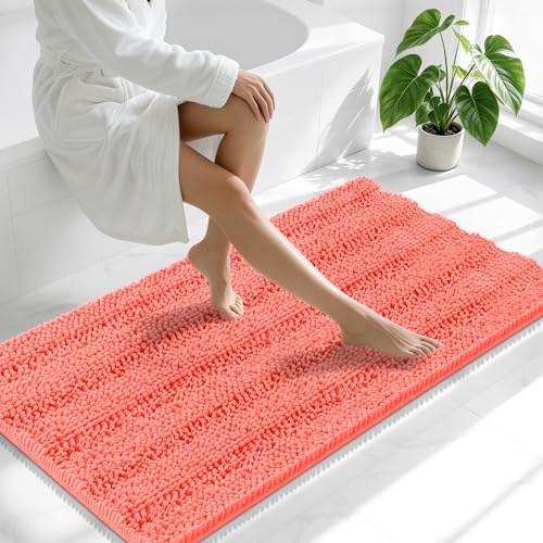 Image of Smiry Thick Chenille Bathroom Runner Rugs 47x24, Extra Absorbent Striped Bath Mat, Machine Washable, Rubber Backing, Long Bath Rugs for Tub & Shower, Modern Home Decor Accessories, Coral
