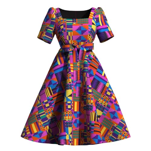 XUHOGU Africaine Ethnique tribale Kente Imprimer Robe Courte pour Les Femmes Plus Taille colorée Robe de fête décontractée Lumineuse avec Ceinture