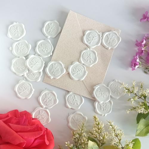 50 Pcs Adhesive White Rose Wax Seal Stickers, Roses Seal for Envelope, Easy to Use and Good Adhesion White Envelope Stickers, Wedding Invitation Accessories