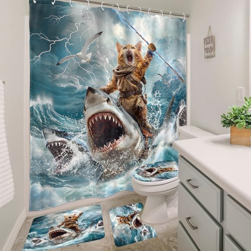 Image of 4 PCS Funny Cat Shower Curtain Riding Shark Riding Shark Surfing Beach Ocean