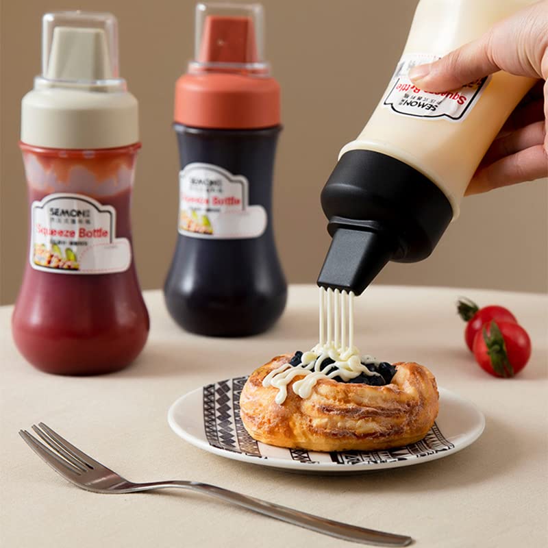 Uneedb Condiment Squeeze Bottles 5 Hole Nozzles 11.8oz/350ml Sauce Squeeze Bottle, Ketchup Bottles Squeeze for Ketchup, Sauces, Syrup, BBQ, Kitchen (3pcs: Red+Gray+Black) (KIT013)