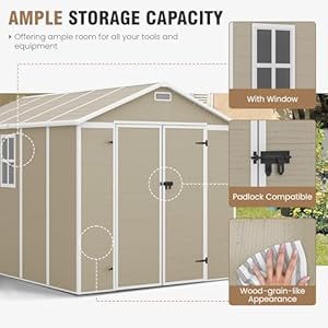 Outdoor storage shed 8×10 ft resin shed with floor and lockable door window vents tool sheds outdoor storage for bike garden accessories tools waterproof light brown  urban country home decor