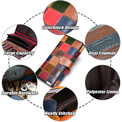 Handmade Patchwork Trifold Large Wallet for Women Colorful Genuine Leather Stitched Credit Card Holder Phone Clutch Purse, Oil - Square4