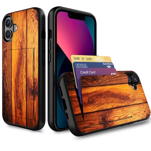 wiaekosef for iPhone 17 Case,Wallet Case Credit Card Holder Dual Layer Hybrid Shockproof PC + TPU Case Cover for iPhone 17 6.3" 2025,Vintage Wood Texture