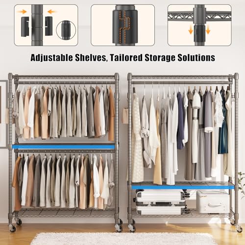 BATHWA Heavy Duty Garment Rack on Wheels, Rolling Clothes Racks for hanging clothes, Simple Sturdy Wardrobe Rack with Double Hanging Rods, 8 Side Hangers, Gray