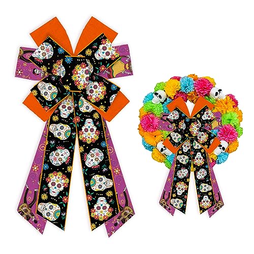 Threetols Large Day of The Dead Bow for Wreath, Sugar Skull Flower Wreath Bows Mexican Dia De Los Meurtos Orange Purple Black Bows for Front Door, Halloween Tree Bows for Mexican Ofrenda Party Supply