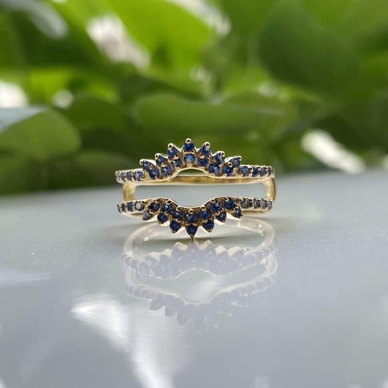 Round Cut Blue Sapphire Matching Enhancer Guard Band for Women, 14K Gold Finish Blue Sapphire Contour Curve Matching Band, September birthstone Ring