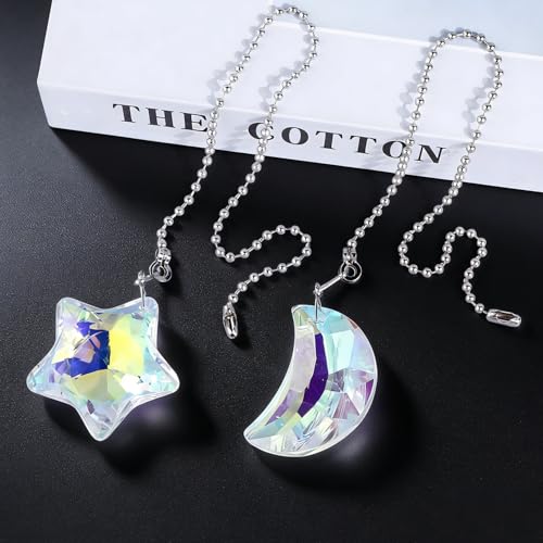Image of 2 Pack Colorful Glass Moon and Star Ceiling Fan Pull Chain, Crystal Suncatcher Fan Lamp String Pulls Decorative Extension, 14 Inches Ball Chains Extender Ornament with Connector