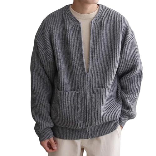 Warm Knitted Sweater Outwear Front Zipper Cardigan Men's Collarless with Closure Pockets Autumn Winter Solid