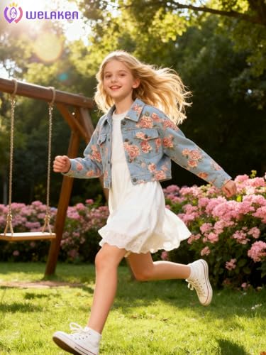 Image of WELAKEN Print Denim Jacket for Girls & Kids II Little Girl's Button Down Crop Jean Jacket Coat