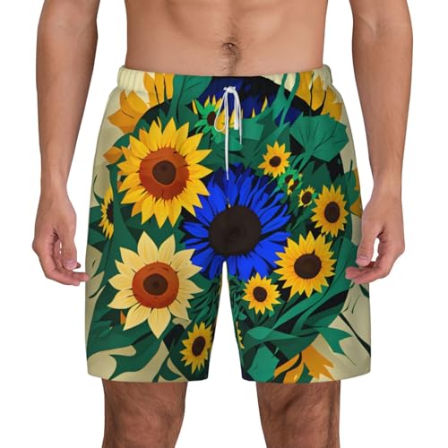 Sunflower Pattern Print Men's Double Layer Swim Trunks,Athletic Beach Shorts,Adjustable Drawstring Waist