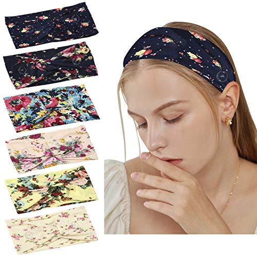ZYNERY 6 Pack Boho Headbands with Button Wide Flower Knotted for Women and Girls - Elastic Non-Slip Running Sports Yoga Sports Hair Accessories, Cotton Printing Workout Fashion Hair Wrap (B)