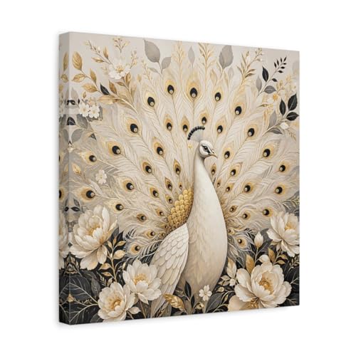 Impression paon blanc et or sur toile premium 35x35 cm châssis 3cm