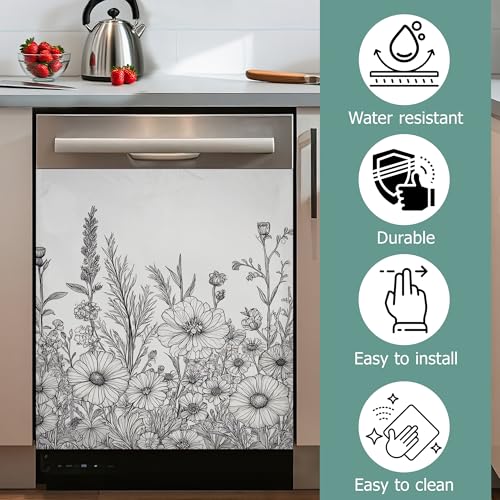 Image of Dishwasher Cover,Black and White Wildflower Reusable Dishwasher Magnet Cover,Decorative Modern Minimalistic Line Drawings Magnetic Refrigerator Cover Front Panel Cover for Kitchen Decor 23x26 Inch