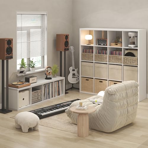Image of Furinno Cubicle Record Player Stand, 16-Cube Vinyl Record Storage, White | Vinyl Storage, 1.2 inchInch Extra Thick, Open Back Media Shelf for CD DVD Bluray Game Disc, for Living Room, Home Office