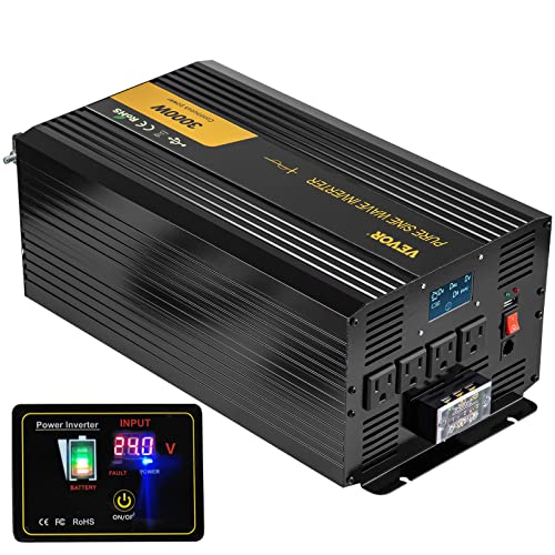 VEVOR Pure Sine Wave Inverter 3000 Watt Power Inverter, DC 24V to AC 120V Car Inverter, with USB Port LCD Display Remote Controller and AC Outlets (GFCI), for RV Truck Car Solar System Travel Camping