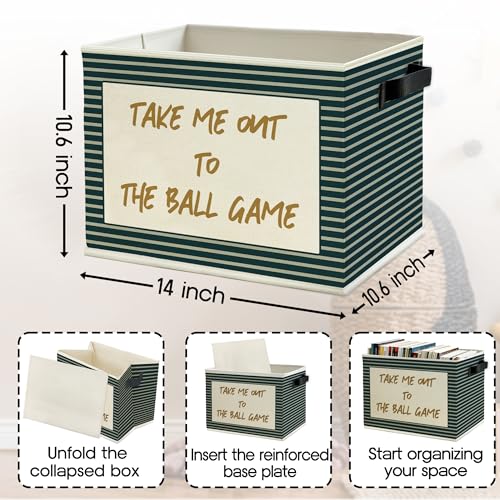 Image of Vintage Baseball Nursery Storage Bins Box with Handles, Take Me Out to the Ball Game Sports Green Striped Collapsible Basket Organizer for Boys Bedroom Playroom Bathroom Books Clothes