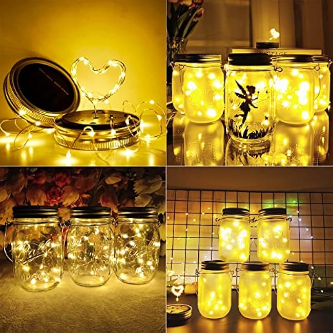 Solar Mason Jar Lights 10 Pack 20 LED Waterproof Outdoor Fairy Firefly String Light Lids with 10 Hangers Rust Resist for Patio Lawn Garden Wedding Lantern Decor No Jars (Warm White)