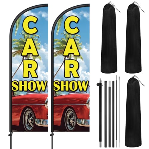 Image of Remagr 2 Pack Car Show Feather Flag 7 ft Advertising Swooper Flag Sign Windless Car Show Feather Banner with Pole Kit and Ground Stake for Businesses Outside Ground