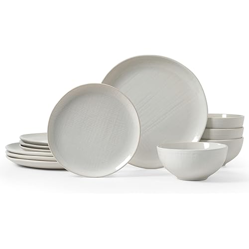 Famiware Moonlight Plates and Bowls Sets, 12 Pieces Stoneware Dinnerware Set with Linen Finish, Handmade Dishware set for 4, Microwave and Dishwasher Safe, Chip and Scratch Resistant, White
