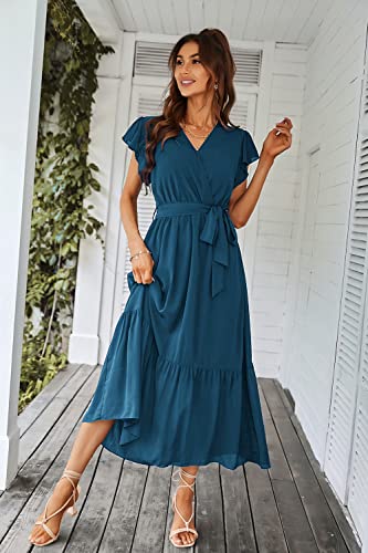 PRETTYGARDEN Women's Summer Floral Boho Maxi Dress Wrap Short Sleeve V Neck Ruffle A-Line Flowy Wedding Guest Long Dresses