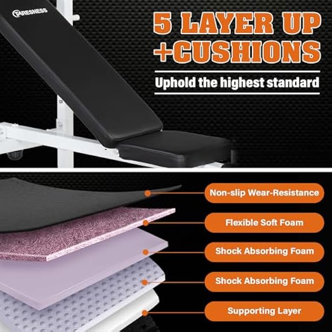 Adjustable Weight Bench for Full Body Workout, 4-in-1 Folding Bench Press with Leg Developer & Barbell Rack, 440LBS Capacity, for Home Gym Strength Training(White/Red)