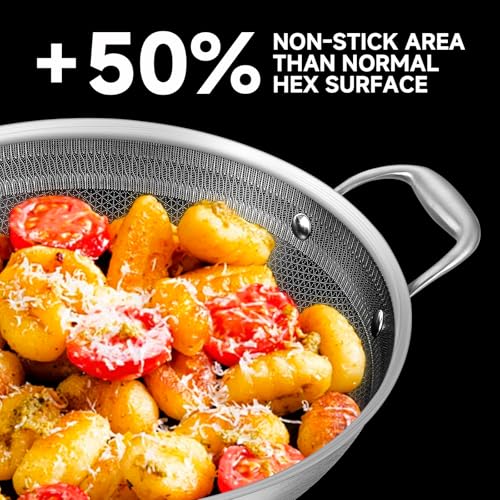 Image of LOLYKITCH Hybird Nonstick Wok Pan with Lid | 13-Inch | Rivented Handle | Non Toxic | Tri-Ply Stainless Steel | Ceramic Coating | Stir Fry Pan | Induction Compatible | Dishwasher & Oven Safe
