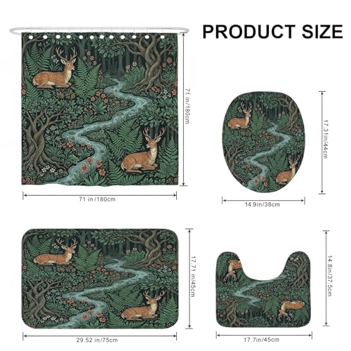 Rideau de douche cerf et tapis assorti en polyester vert automne pour salle de bain rustique - 4