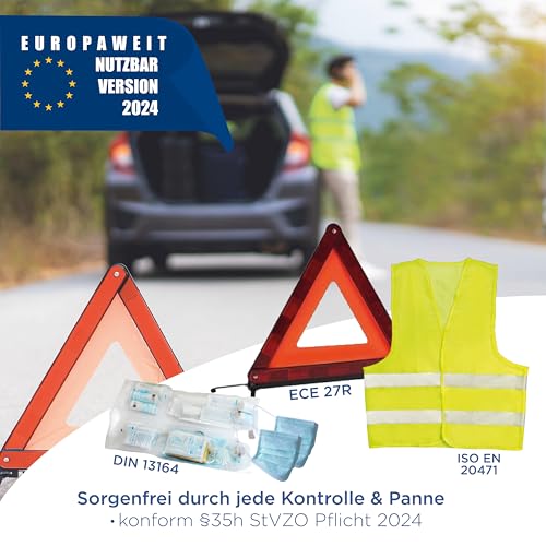 VZL KFZ Auto Zubehör Kombitasche Verbandskasten Auto 2025 tüv geprüft, inklusive Warndreieck und Warnwesten Auto - kfz Verbandskasten inklusive Erste Hilfe Set Auto 2025 (rot)