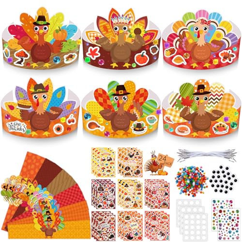 Pajean 24 Set Thanksgiving Headband Crafts for Kids Turkey Hats Thanksgiving Crafts for Kids Ages 3-5 4-8 8-12 with Pumpkin Fall Leaf Turkey Stickers for Thankful Classroom Activities Arts Supplies
