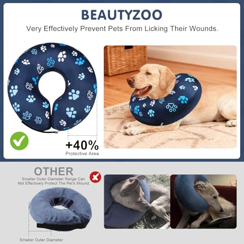 Image of BEAUTYZOO Dog Cone Alternative After Surgery for Large Medium Small Dogs, Soft Inflatable Cone Collar for Dogs Cats, Pet Neck Donut E Collar Dog Recovery Collars to Stop Licking, Navy Blue Paw L