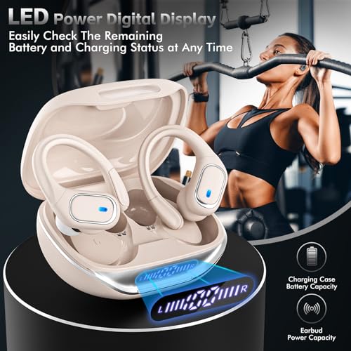 Image of HAOYUYAN Wireless Earbuds, Sports Bluetooth Headphones, 80Hrs Playtime Ear Buds with LED Power Display, Noise Canceling Headset, IPX7 Waterproof Earphones for Workout /Running（Oatmeal White）