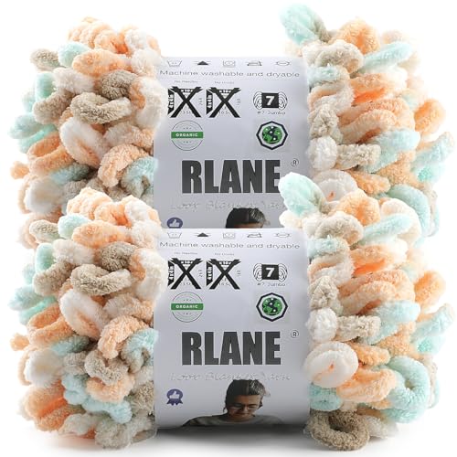 RLANE Loop Yarn for Finger Knitting Soft - Chunky Yarn for Hand Knitting - 2 Pack of 180 G/6.4 Oz - #7 Jumbo - 18 Yards - Chenille Blanket Yarn for Crocheting Blankets (2 Orange - Blue - Almond)