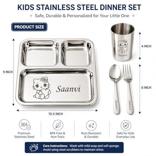Image of SAVRI Personalized Stainless Steel Mealtime Printed Dish - Customized Name & Favorite Cartoon Motif Engraved - Kids Dinner Set for Boys & Baby Girls - Ideal Birthday & Return Gift - 4 Pcs (1 Set)