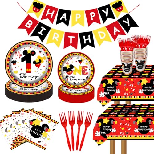 117 Pcs Red Cartoon 1st Birthday Party Decorations - Boy One Plates Napkins Cups Tablecloths Banner for Baby Shower Boys 1st Birthday Party Decorations Supplies - 20 Guests