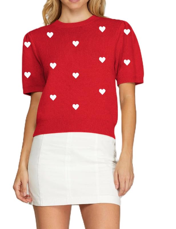 ROAONOCOMO Valentines Short Sleeve Sweater for Women Puff Sleeve Heart Knit Tshirts Cute Half Sleeves Pullover Sweater Tee