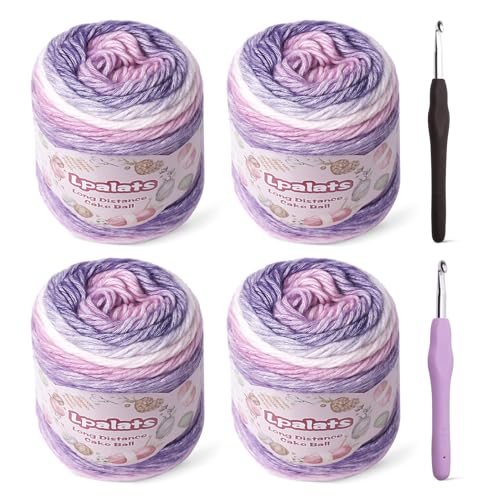Lpalats Ombre Yarn for Crocheting - 4x100g Soft 60% Cotton 40% Acrylic Yarn - 962 Yds Gradient Cake Yarns for Knitting Shawls Blankets Sweater with 2 Crochet Hooks (4 Purple Gradient)