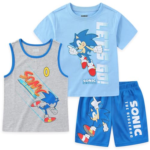 SEGA Sonic the Hedgehog Boys 3 Piece Tank Top T-Shirt and Short Set for Toddler and Big Kids