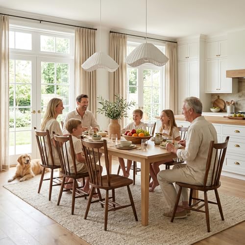 Image of HNY Walnut Windsor Dining Chairs Set of 2, Farmhouse Wooden Kitchen Chairs with Spindle Back, Mid Century Modern Armless Kitchen Side Chair for Dining Living Room Restaurant