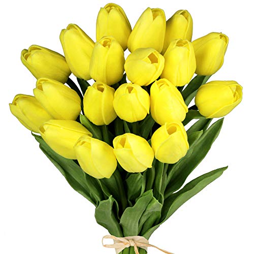 20 Pcs Artificial Yellow Tulip Flowers Faux Tulip Stems PU Real Touch Tulips